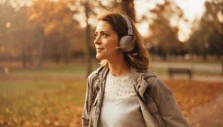 Žena kráčajúca vonku v parku so slúchadlami na ušiach a počúvajúca audioknihu