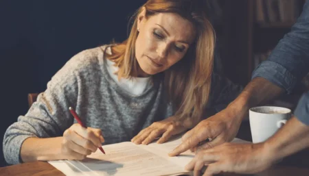 Žena sediaca pri stole pozorne číta a prechádza strany rukopisu